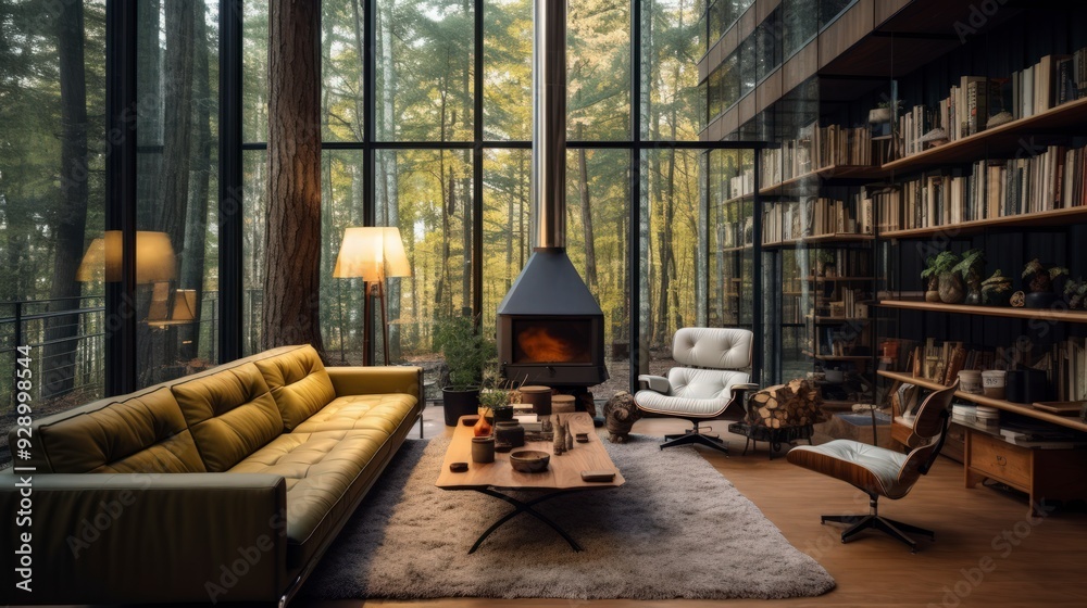Fototapeta premium A modern living room with a fireplace, large windows overlooking a forest, and a bookshelf filled with books.