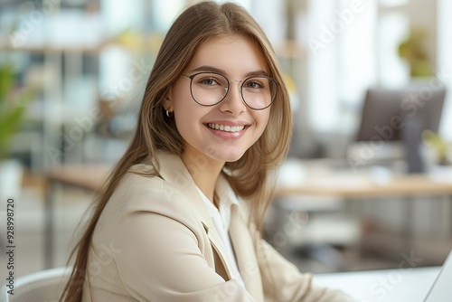 Portrait of a smiling young woman wearing glasses and a beige blazer in an office setting.