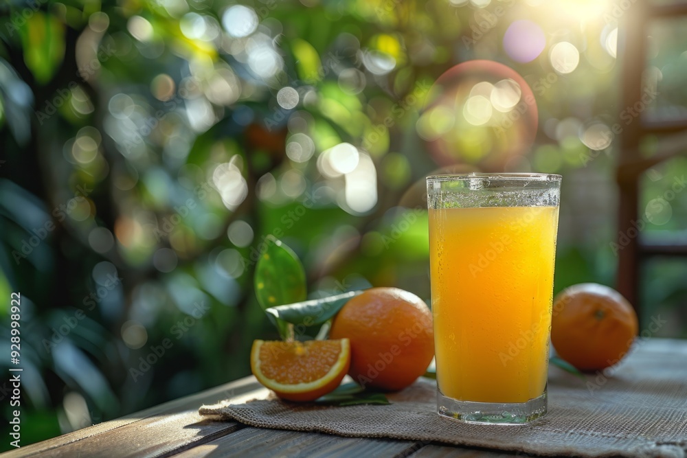 Glass of orange juice on a table surrounded by fresh oranges Glass of orange juice on a table surrounded by fresh oranges
