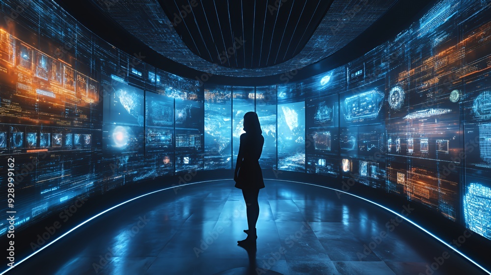 A woman stands in a futuristic room surrounded by glowing digital screens displaying data and information. A woman stands in a futuristic room surrounded by glowing digital screens displaying data and information.