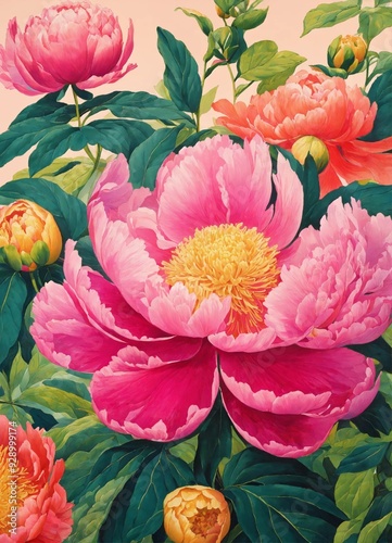 A vibrant and lively risograph of peonies in full bloom. highly intricate detailing texture detail 8k the medium should be hyper-realistic drawing with a style reminiscent of georgia okeeffes flor
