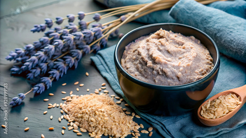 Homemade organic soothing scrub: calming and relaxing background with lavender buds and oatmeal flakes, ideal for beauty blogs, skincare product marketing, and natural cosmetics promotions.