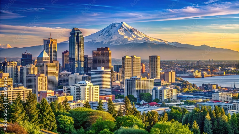 Obraz premium Majestic Mount Rainier towers above the vibrant cityscape of Seattle, surrounded by sparkling Puget Sound waters and lush green forests under a serene blue sky.