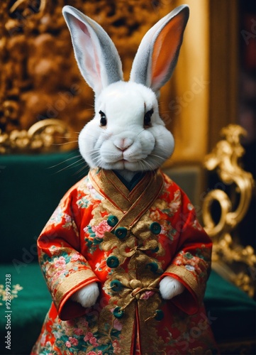 A cute rabbit in a stunning detailed chinese coat