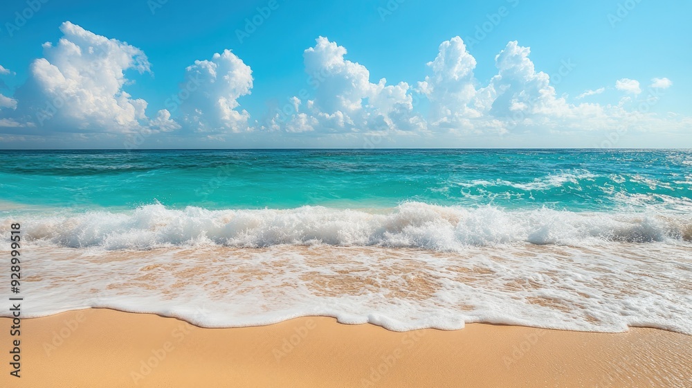 Fototapeta premium A breathtaking Caribbean beach scene, with turquoise waves gently lapping against the shore, under a cloudless blue sky.