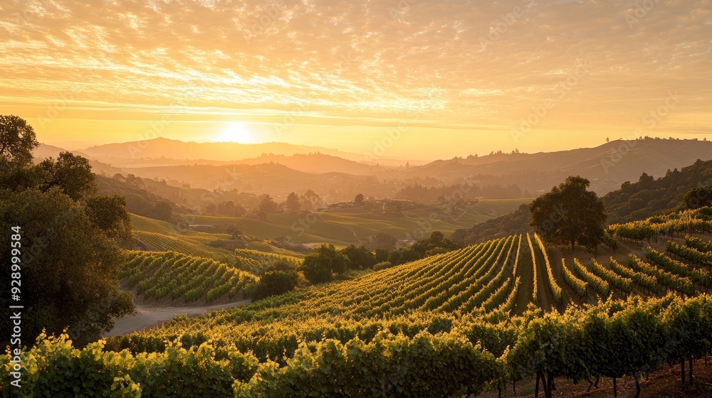 Obraz premium A breathtaking view of rolling hills covered with vineyards at sunset, the sky painted with golden hues for a tranquil retirement backdrop.