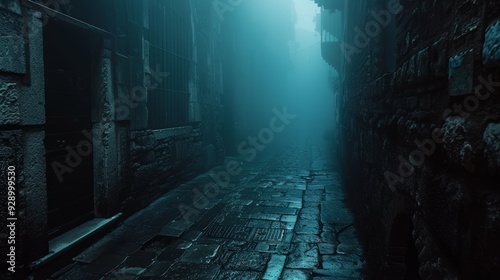 Foggy alleyway illuminated by soft light in an ancient town at dusk