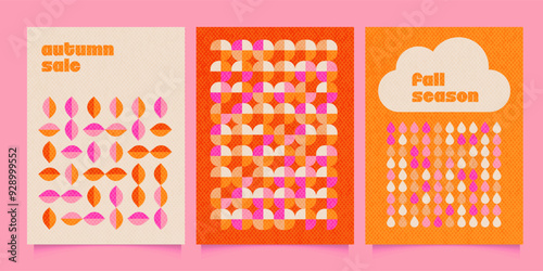 Geometric abstraction fall season posters or covers set. Collection of trendy vintage ornate Background patterns for a poster, banner, or flyer. Vector flat illustration with rough texture