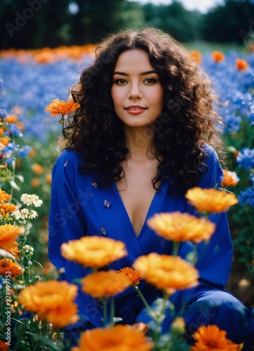 Front view happy stunning woman with curly long dark hair wearing blue clothes sit in a beautiful field of flowers colorful flowers everywhere some blue and orange butterflies perfect lighting l photo