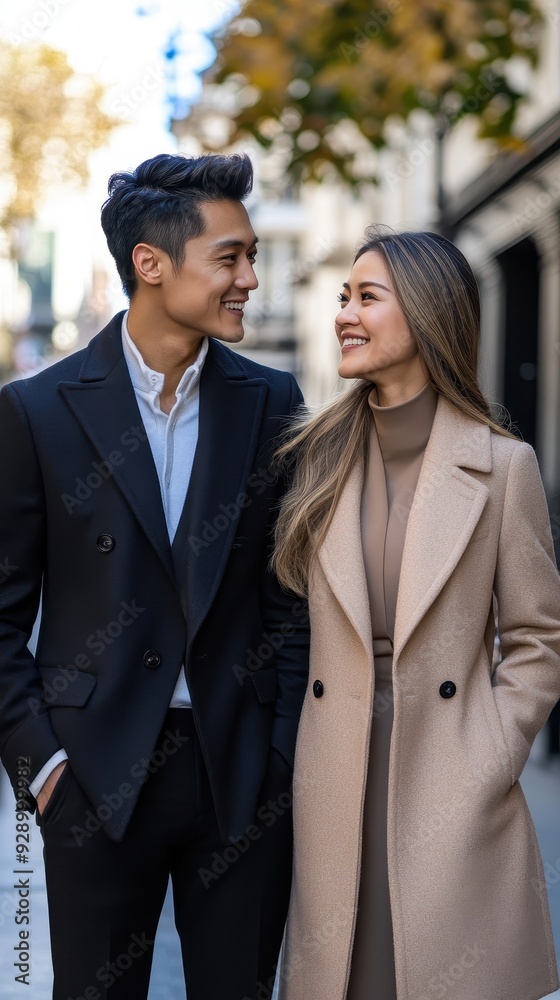A couple walks together, smiling warmly in stylish outerwear while enjoying their time outdoors A couple walks together, smiling warmly in stylish outerwear while enjoying their time outdoors
