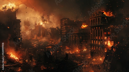 City in ruins during a fiery night after a devastating catastrophe