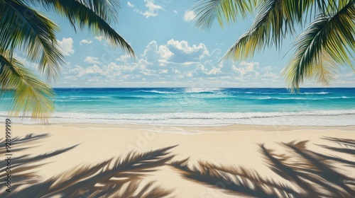 A Caribbean beach vacation scene with turquoise waters, a sunny sky, and palm trees casting shadows on the sand.