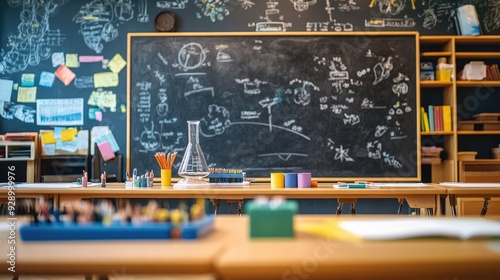 A chalkboard in a classroom filled with educational charts and science projects, showcasing an interactive learning environment.