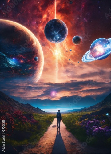 Multiple different universes lined up next to each other