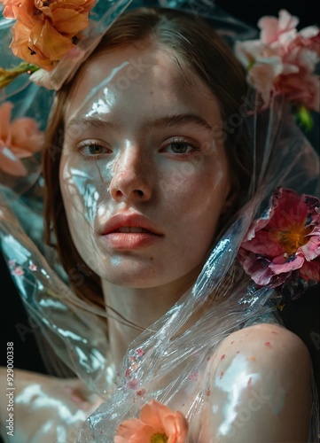 Hyper-realistic photo of a professional model with pale skin posing for a fashion photoshoot. she is entirely wrapped in transparent film with tons of flowers under the film covering her skin. the sh photo