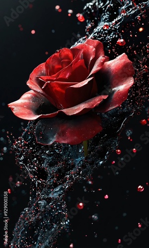 A stunning digital abstract masterpiece that captures the essence of a rose and water fusion. the rose te amo dani celeste  is composed of thousands of minuscule red and black glowing particles shi photo