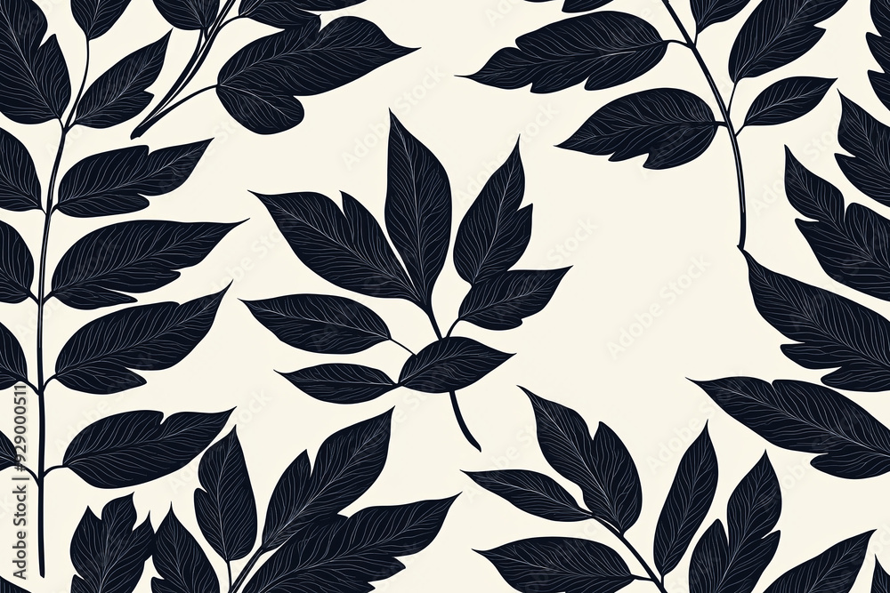 Fototapeta premium seamless plant leaves pattern background, vector, monochrome