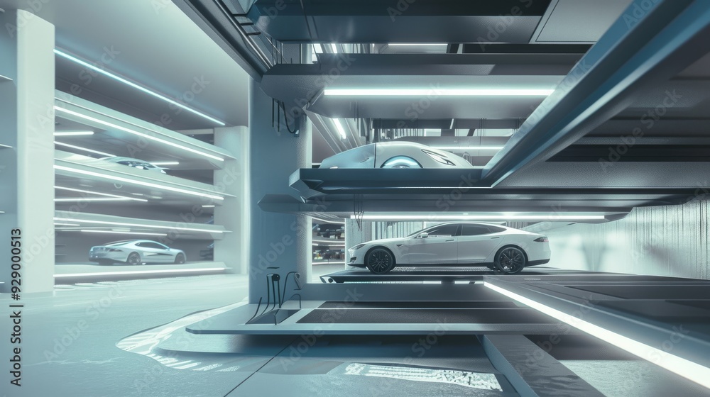 Obraz premium Sleek, white electric cars parked in a futuristic, well-lit garage with efficient space use, representing the future of automotive storage.