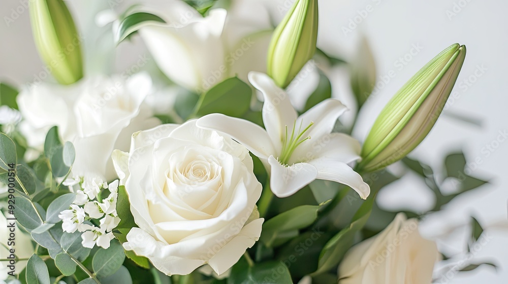 Fototapeta premium A close-up of an elegant floral arrangement featuring white roses and lilies, with delicate green leaves accentuating the soft blooms.
