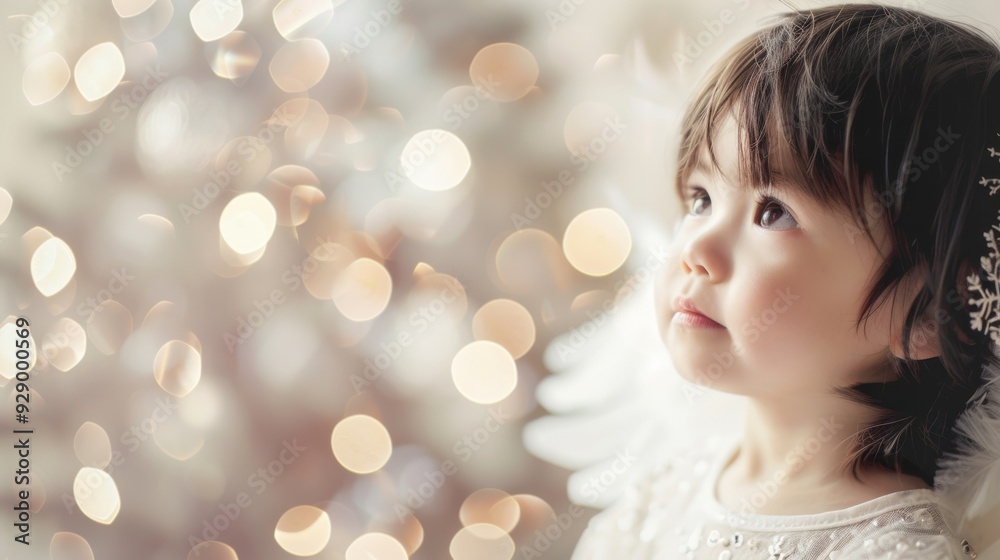 A little girl dressed as an angel looks up with wonder, surrounded by soft bokeh lights, radiating a magical, dreamlike atmosphere. A little girl dressed as an angel looks up with wonder, surrounded by soft bokeh lights, radiating a magical, dreamlike atmosphere.