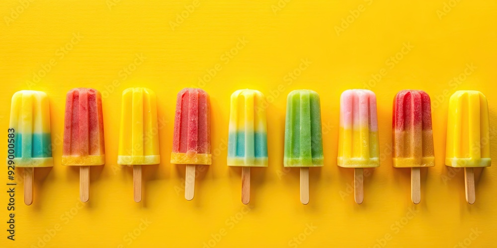 Water ice cream popsicles on yellow background, water, ice cream, popsicles, sticks, frozen treat, dessert, summer, refreshing Water ice cream popsicles on yellow background, water, ice cream, popsicles, sticks, frozen treat, dessert, summer, refreshing