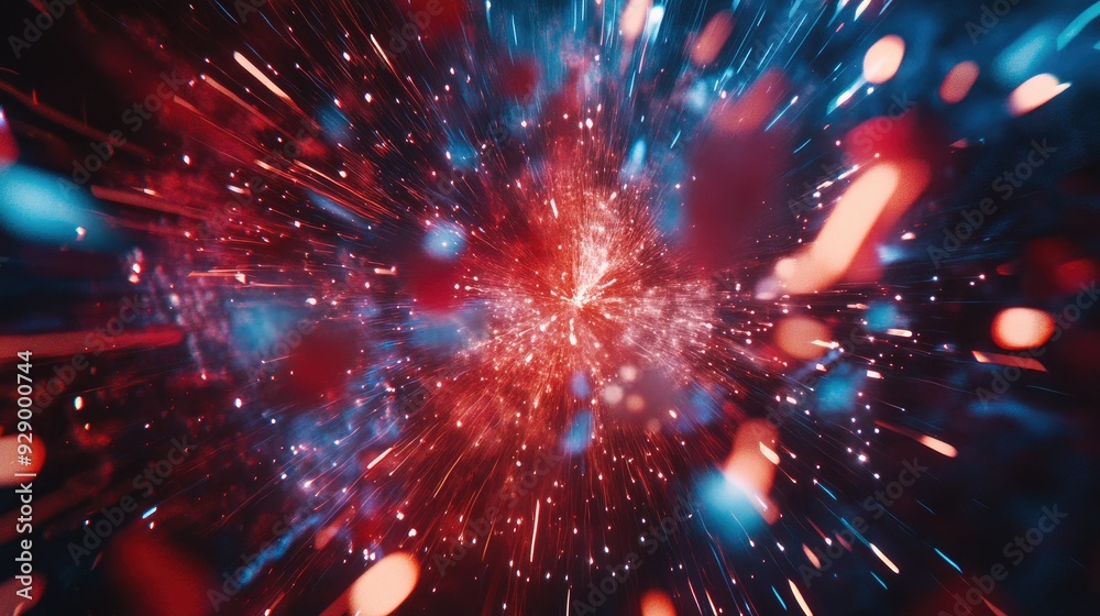 A close-up of vibrant red, white, and blue fireworks exploding in the sky, their colorful trails illuminating the darkness.