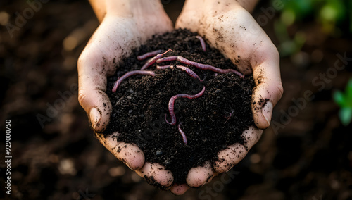 Hands holding rich soil with earthworms, showcasing healthy composting and sustainable gardening practices in nature. photo