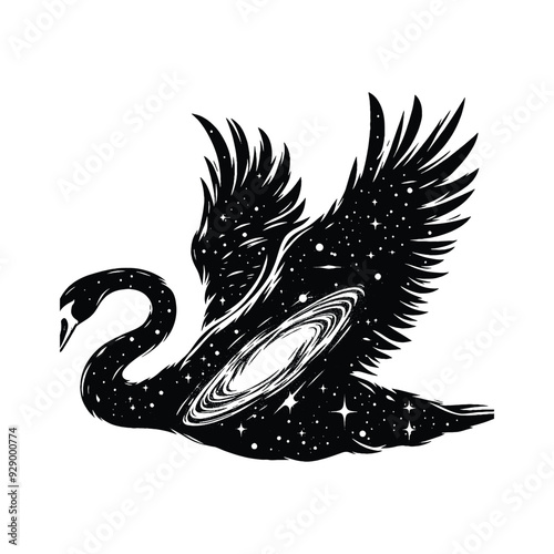 silhouette of Swan filled with space and sci-fi element in rough drawing