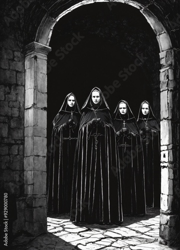 Dark nuns chained in dungeon tight cloaks historical print