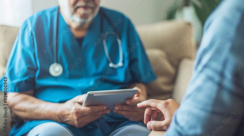 An elderly doctor consults with a patient, using a digital tablet, reflecting modern medicine's blend of technology and personal care. An elderly doctor consults with a patient, using a digital tablet, reflecting modern medicine's blend of technology and personal care.