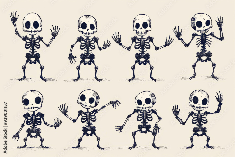 Set of cute cartoon skeletons
