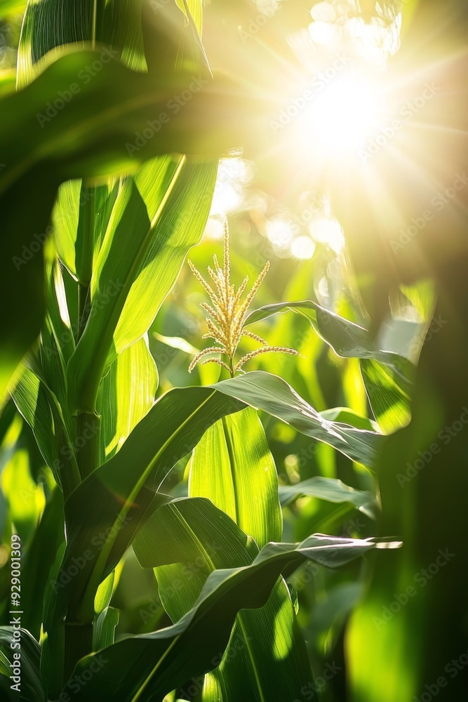 'An artistic depiction of a corn stalk with the sun shining through its leaves creating a beautiful dappled light effect.' 'An artistic depiction of a corn stalk with the sun shining through its leaves creating a beautiful dappled light effect.'