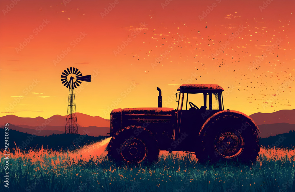 Fototapeta premium Silhouette of a tractor against a vibrant sunset with a windmill in the background, capturing rural beauty and tranquility.