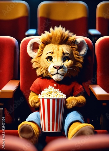Cute small humanoid baby lion sitting in a movie theater eating popcorn watching a movie unreal engine volumetric warm indoor lighting artstation detailed digital painting cinematic character 
