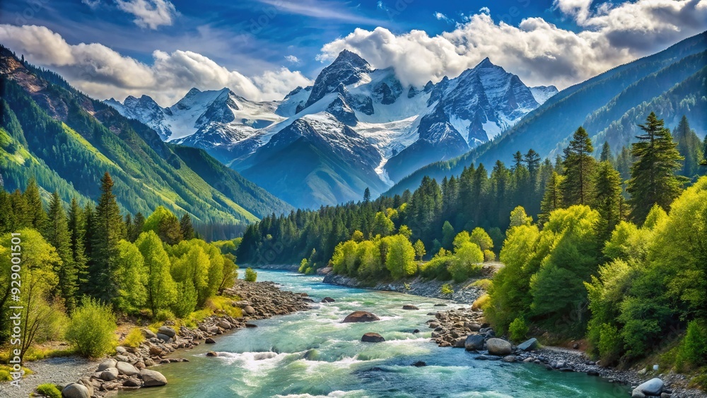 Obraz premium Majestic snow-capped peaks stretch towards the horizon, surrounded by lush green forests and serpentine rivers, showcasing the breathtaking grandeur of a mountain range landscape.