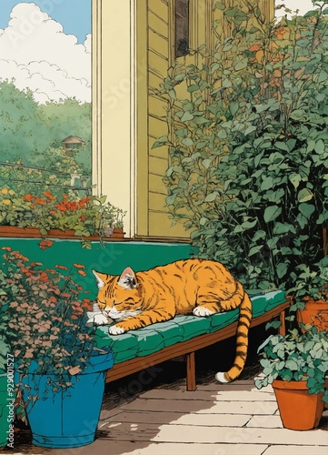Pen and ink illustrated by herg of a cat sleeping on a porch with lots of plants. stunning color scheme masterpiece