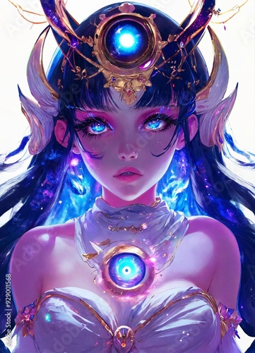 Vtuber portrait as a cosmic goddess glowing sclera hypnotic eyes ultra-detailed waist to top.