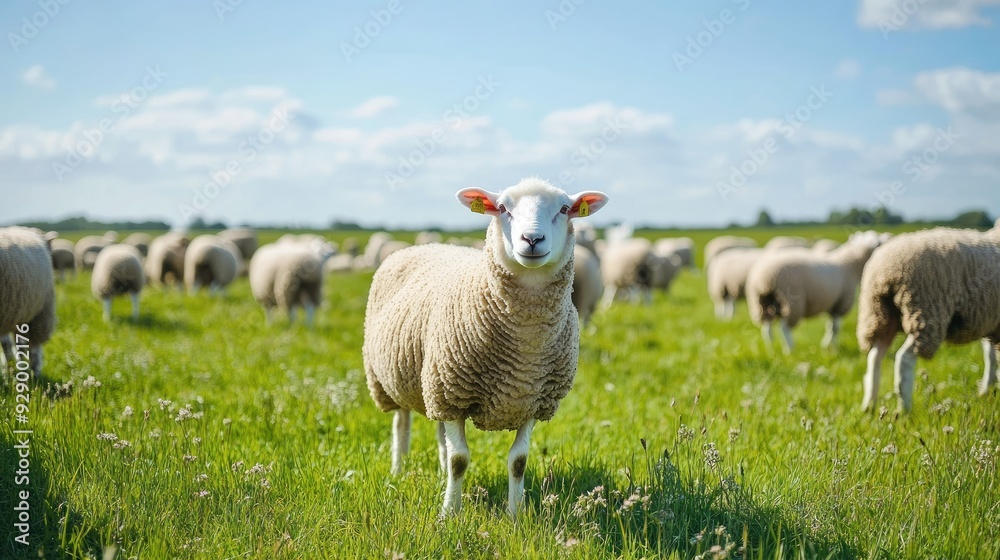 Fototapeta premium A flock of sheep in a vibrant green pasture, set against the backdrop of a bright blue sky, showcasing the beauty of nature.
