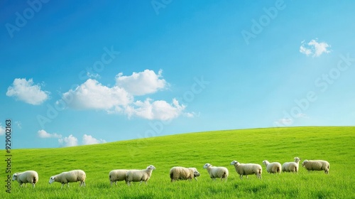 A flock of sheep in a vibrant green pasture, set against the backdrop of a bright blue sky, showcasing the beauty of nature.