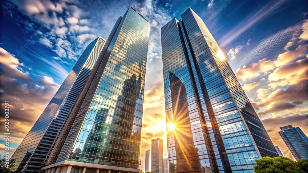 Obraz premium Majestic twin skyscrapers pierce the blue sky, their sleek glass and steel facade reflecting sunlight, surrounded by bustling city streets and infrastructure.