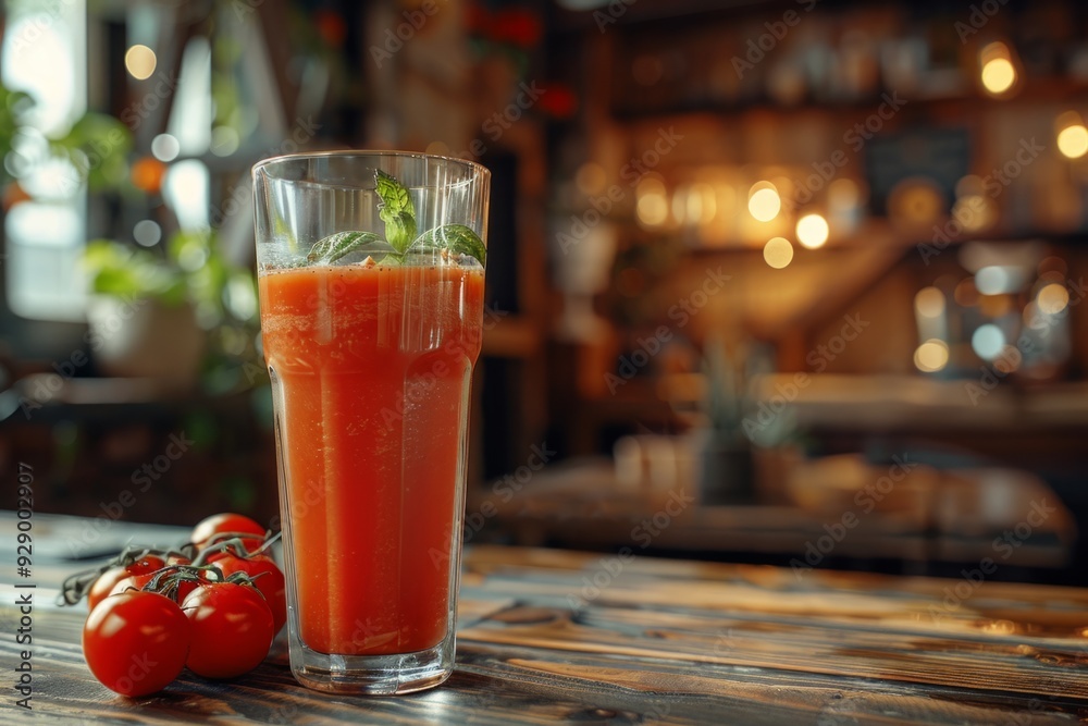 Glass of fresh tomato juice with basil leaves on wooden table in a cafe Glass of fresh tomato juice with basil leaves on wooden table in a cafe