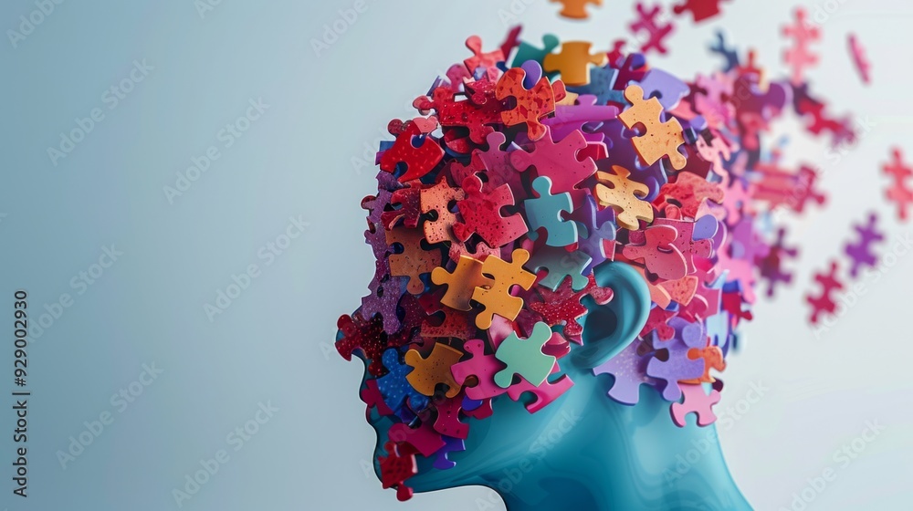 A blue mannequin head is adorned with red and pink puzzle pieces, symbolizing a complex and fragmented mind. A blue mannequin head is adorned with red and pink puzzle pieces, symbolizing a complex and fragmented mind.