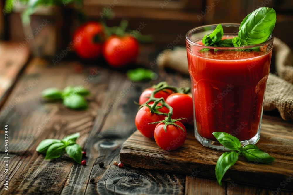 Glass of fresh tomato juice with basil on rustic wooden table Glass of fresh tomato juice with basil on rustic wooden table