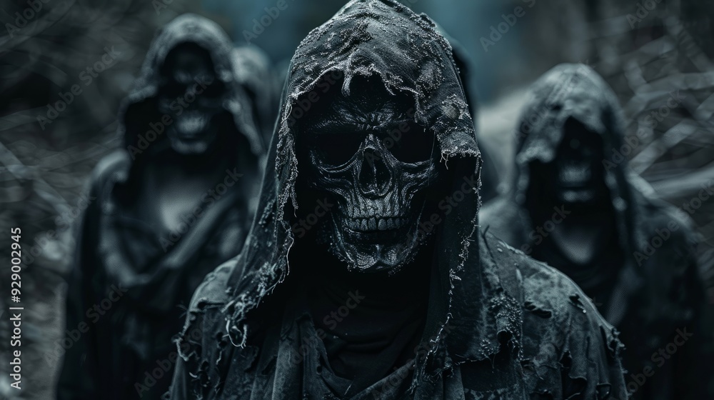 Dark figures in hooded cloaks with skull masks walking through a misty forest at dusk Dark figures in hooded cloaks with skull masks walking through a misty forest at dusk