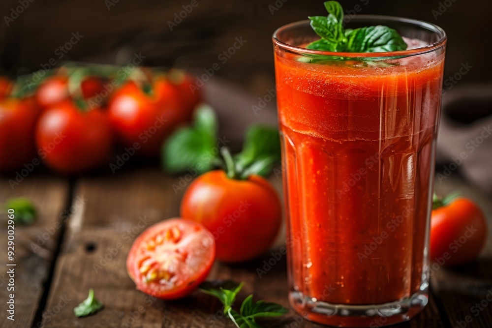Fresh natural tomato juice on wooden background Fresh natural tomato juice on wooden background