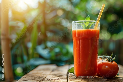 Glass of fresh natural tomato juice on wooden table against blurred background