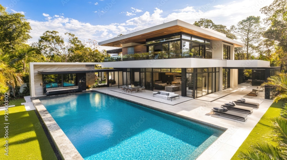 Fototapeta premium A luxurious property with a sleek swimming pool and modern architecture, showcasing the epitome of upscale living.