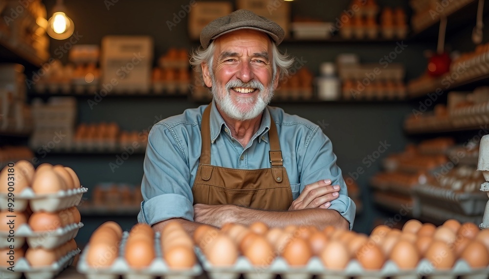 Obraz premium A middle-aged egg vendor smiles proudly in his shop, surrounded by fresh eggs. Depth of field blurs the background, highlighting his friendly face and the egg display.