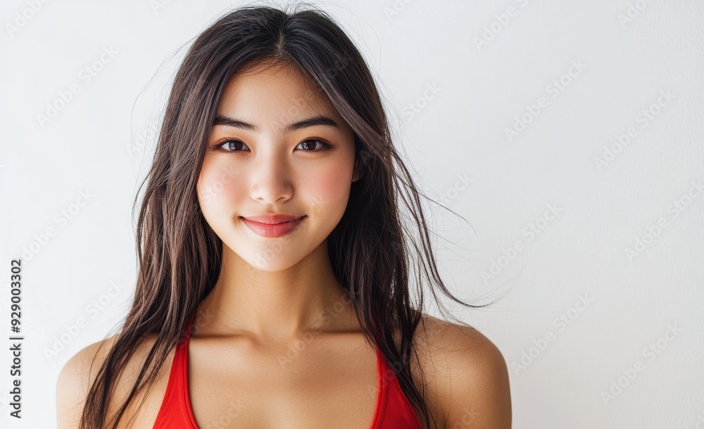 The Asian model woman showcases a range of expressions, from friendly smiles to serious looks, with red outfits and nuanced lighting enhancing the visual harmony. The Asian model woman showcases a range of expressions, from friendly smiles to serious looks, with red outfits and nuanced lighting enhancing the visual harmony.