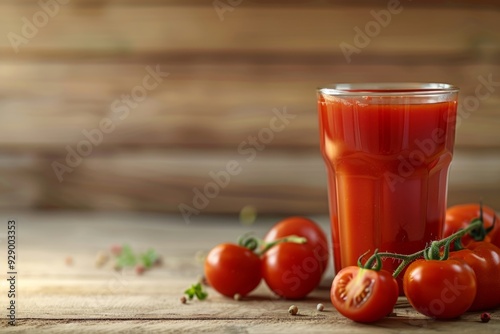 Fresh natural tomato juice on wooden background